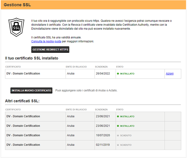 Pannello gestione certificato SSL Pannello gestione certificato SSL