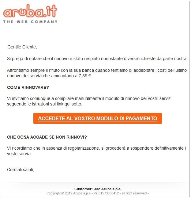 Segnalare tentativi di phishing che simulano mail Aruba