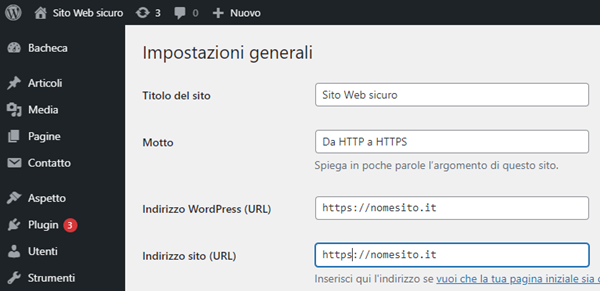Dashboard Wordpress - URL https