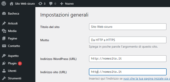 Dashboard Wordpress - Impostazioni generali